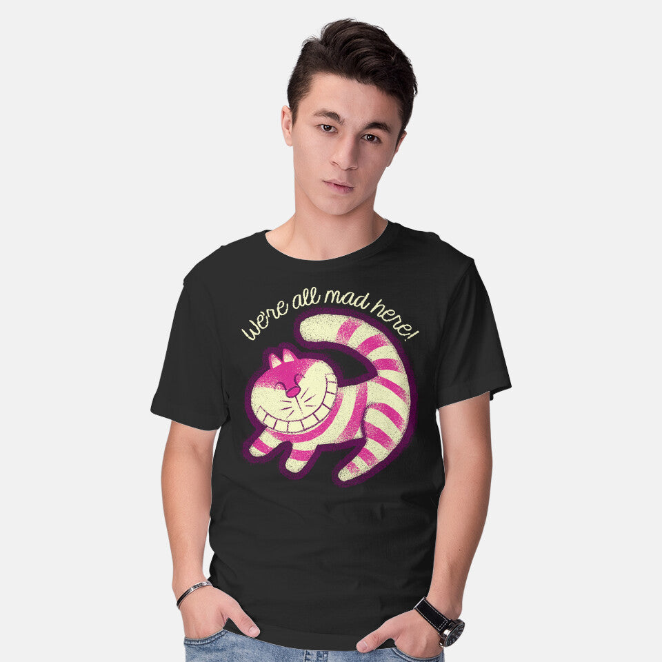Model wearing black All Mad Here – Fantasy Graphic T-Shirt