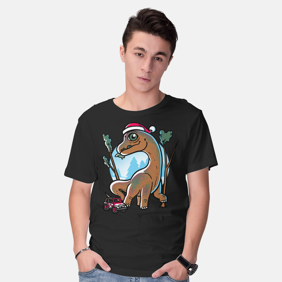 Model wearing black Jurassic Herbivore – Movie Graphic T-Shirt