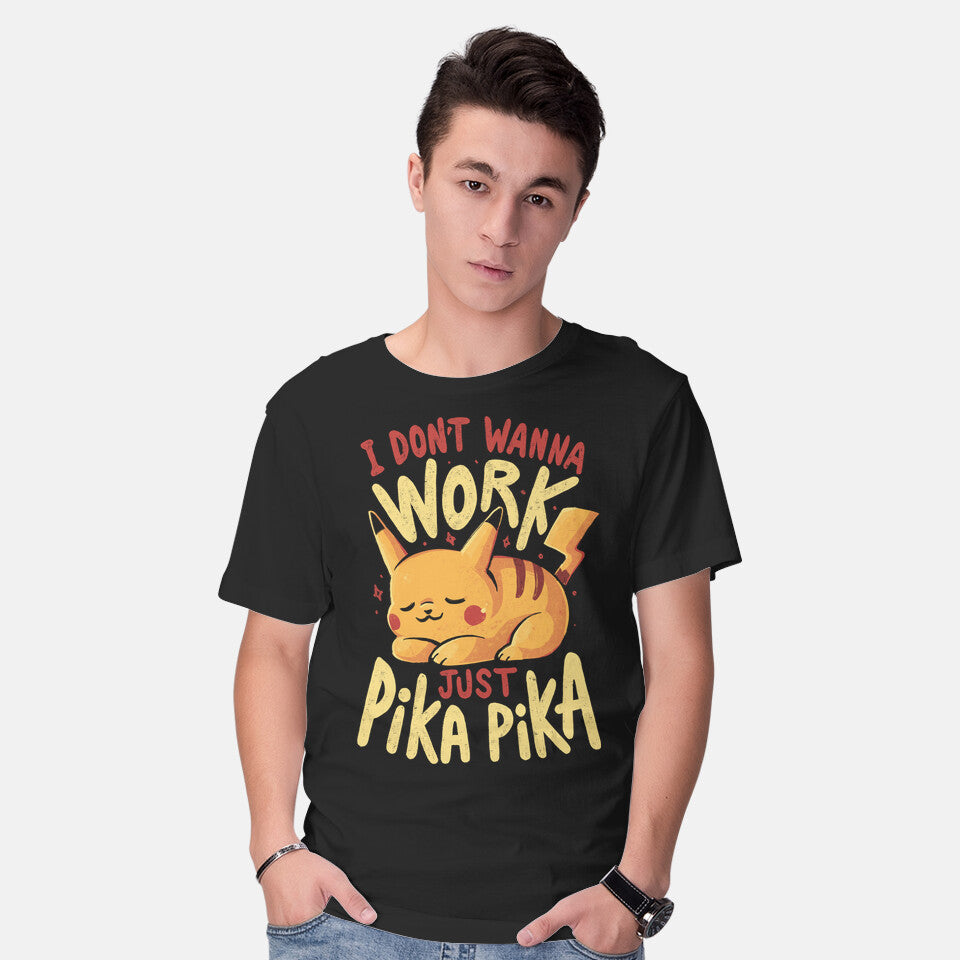 Model wearing black I Don't Wanna Work – Anime Graphic T-Shirt