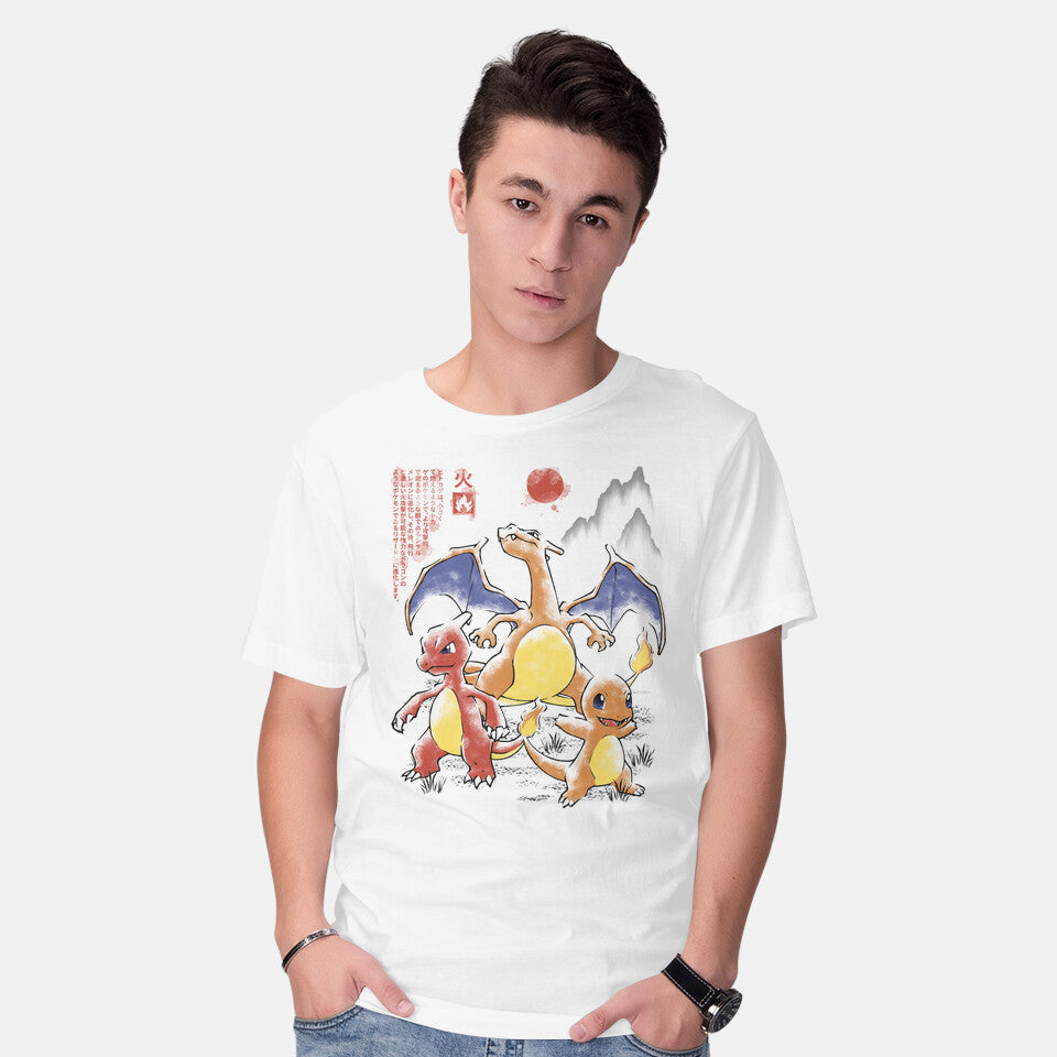 Model wearing white 1st Gen Fire Evo Sumi-E – Anime Graphic T-Shirt