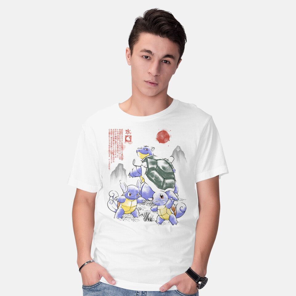 Model wearing white 1st Gen Water Evo Sumi-E – Anime Graphic T-Shirt