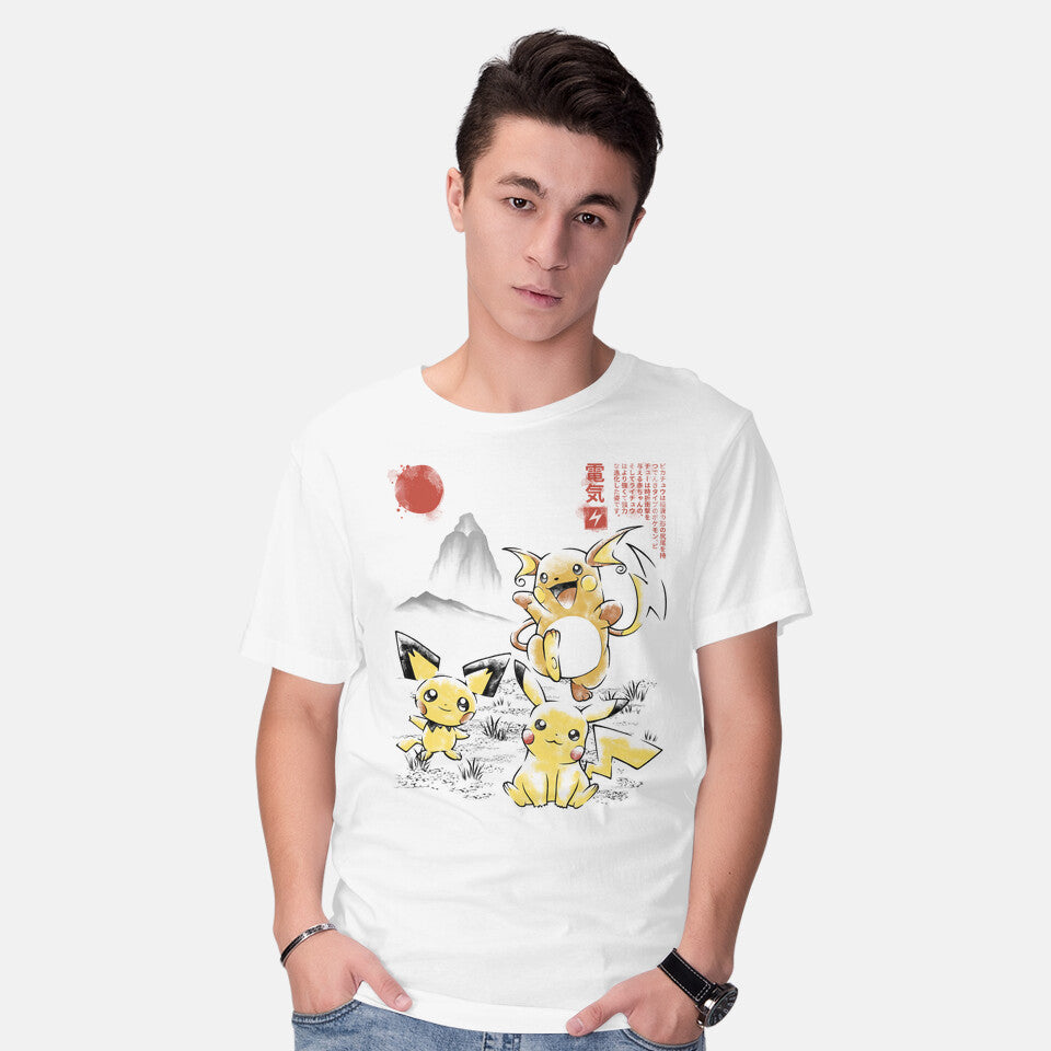 Model wearing white 1st Gen Electric Evo Sumi-E – Anime Graphic T-Shirt