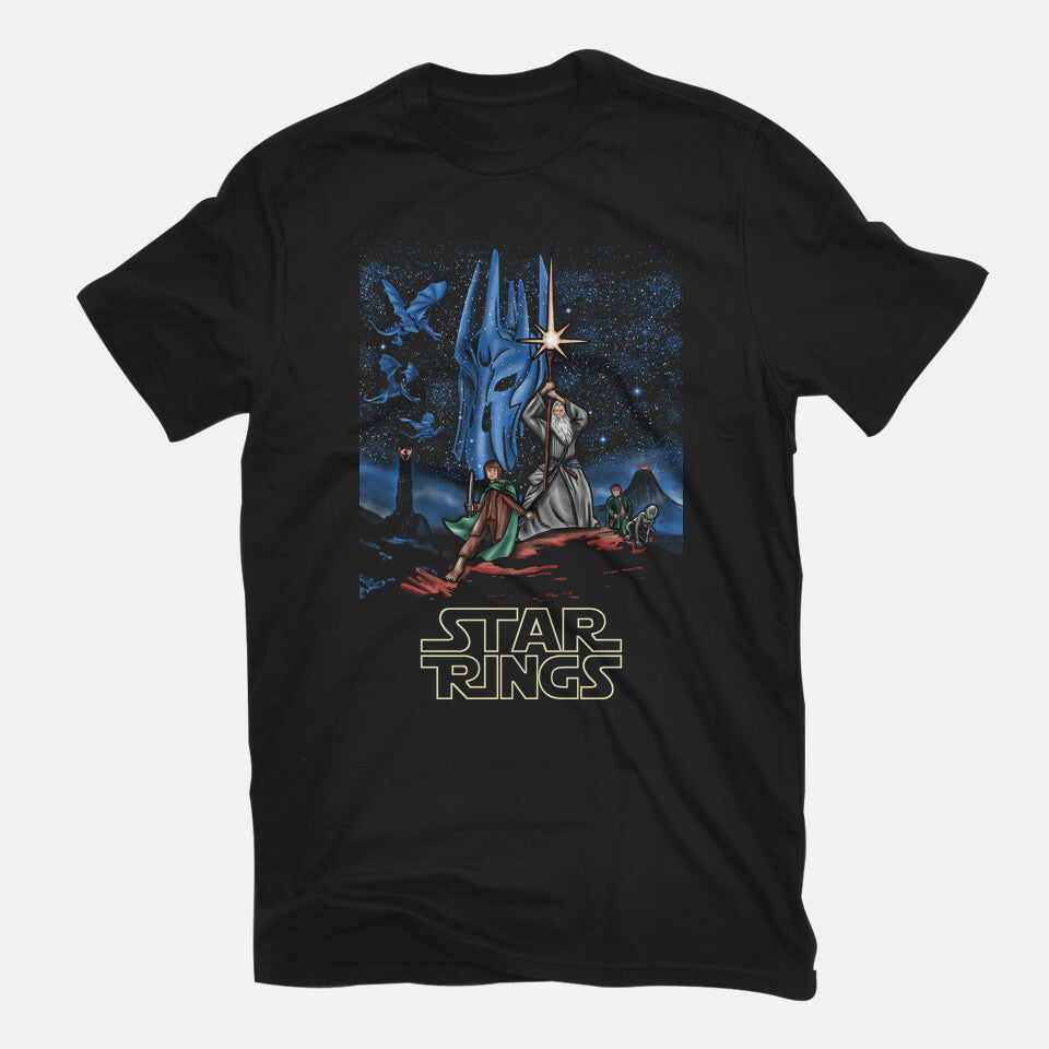 Star Rings – Fantasy Graphic T-Shirt in black, flat-lay product view