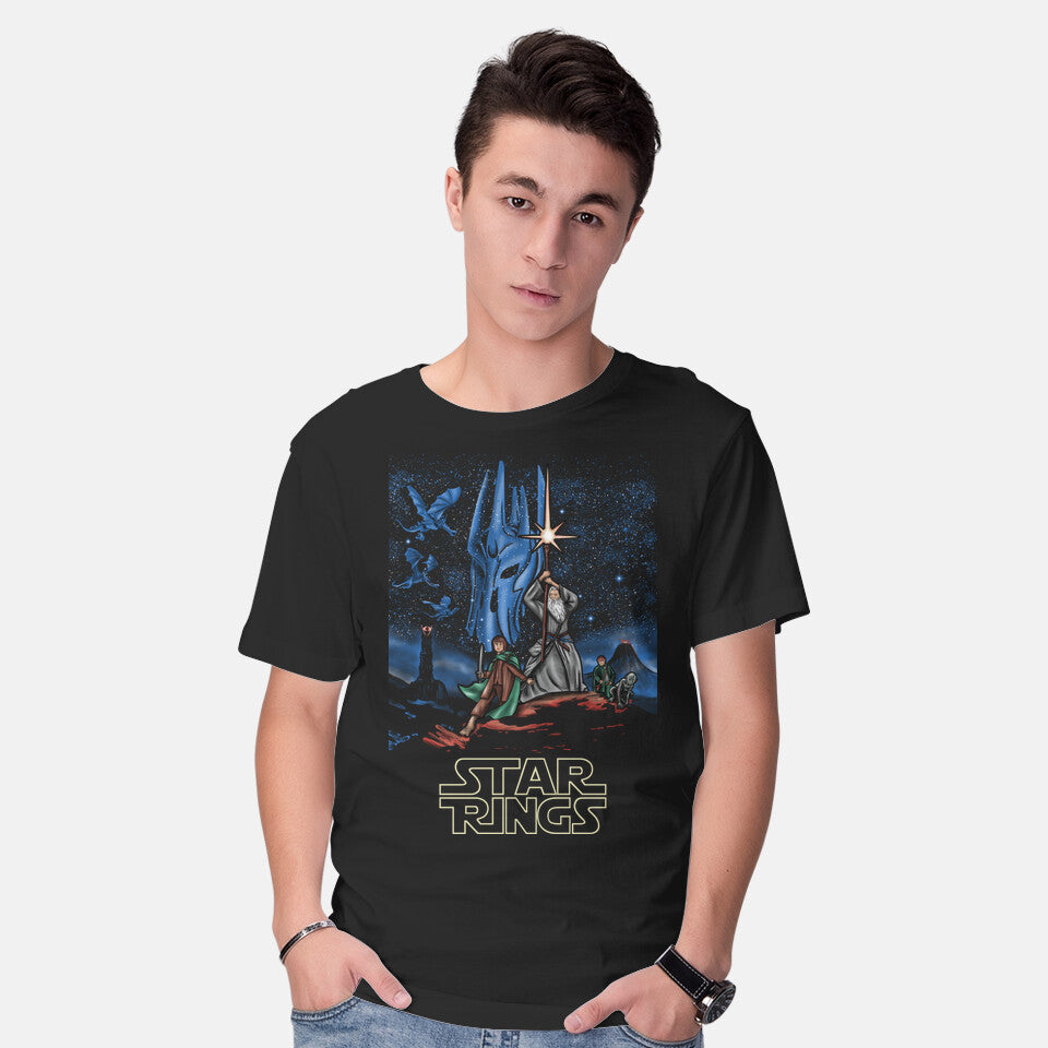 Model wearing black Star Rings – Fantasy Graphic T-Shirt