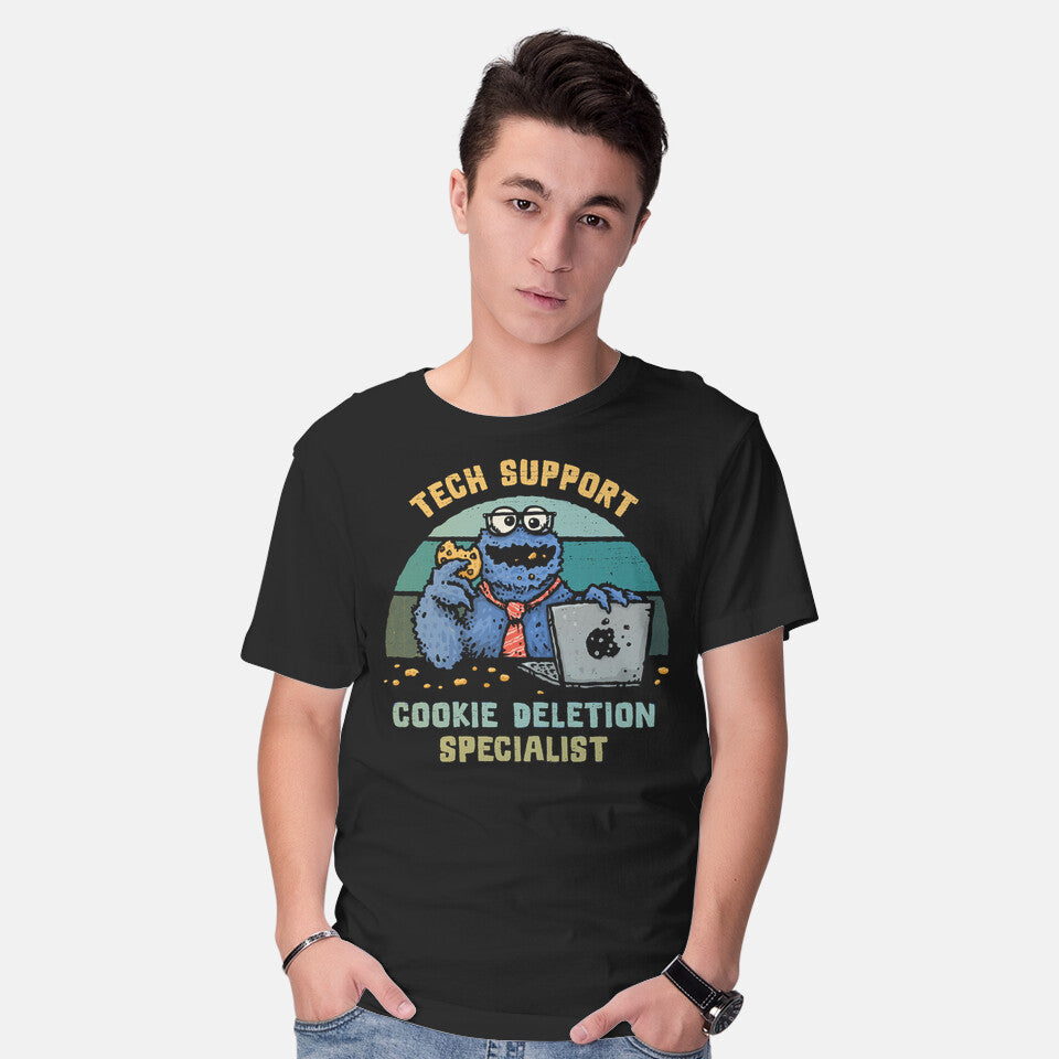 Model wearing black Cookie Deletion Specialist – Funny Graphic T-Shirt