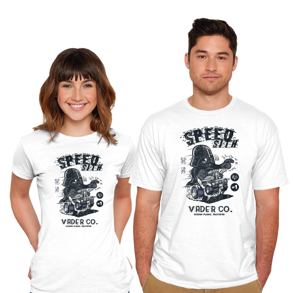 Model wearing white Speed Sith – Sci-Fi Graphic T-Shirt