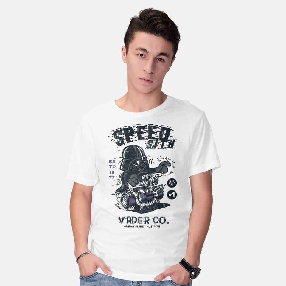 Model wearing white Speed Sith – Sci-Fi Graphic T-Shirt
