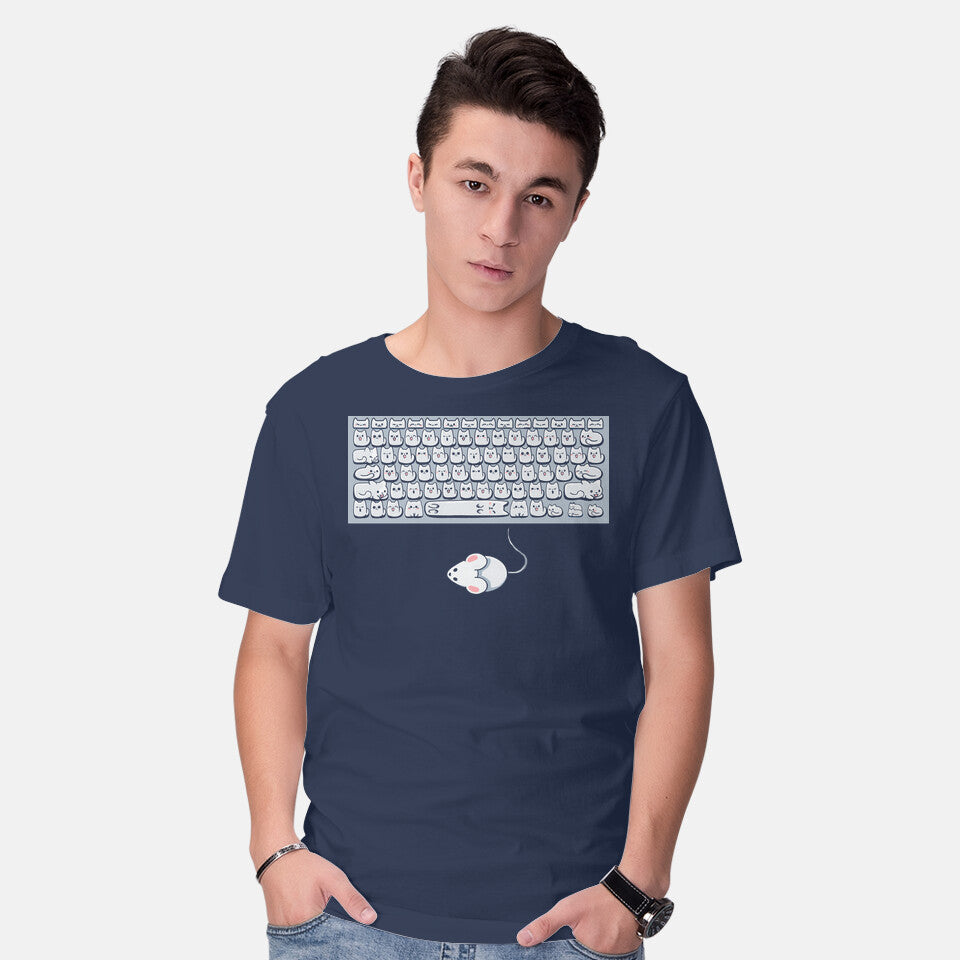 Model wearing navy KittensBoard – Animal Graphic T-Shirt