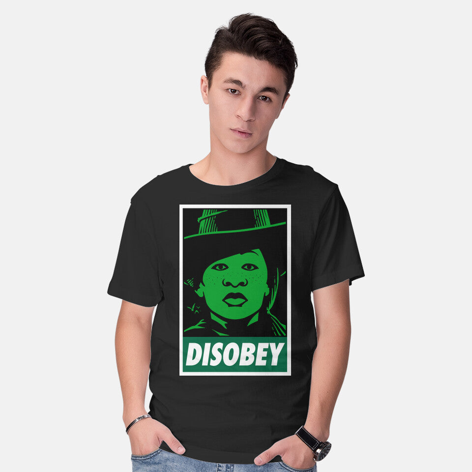 Model wearing black Disobey The Wizard – Fantasy Graphic T-Shirt