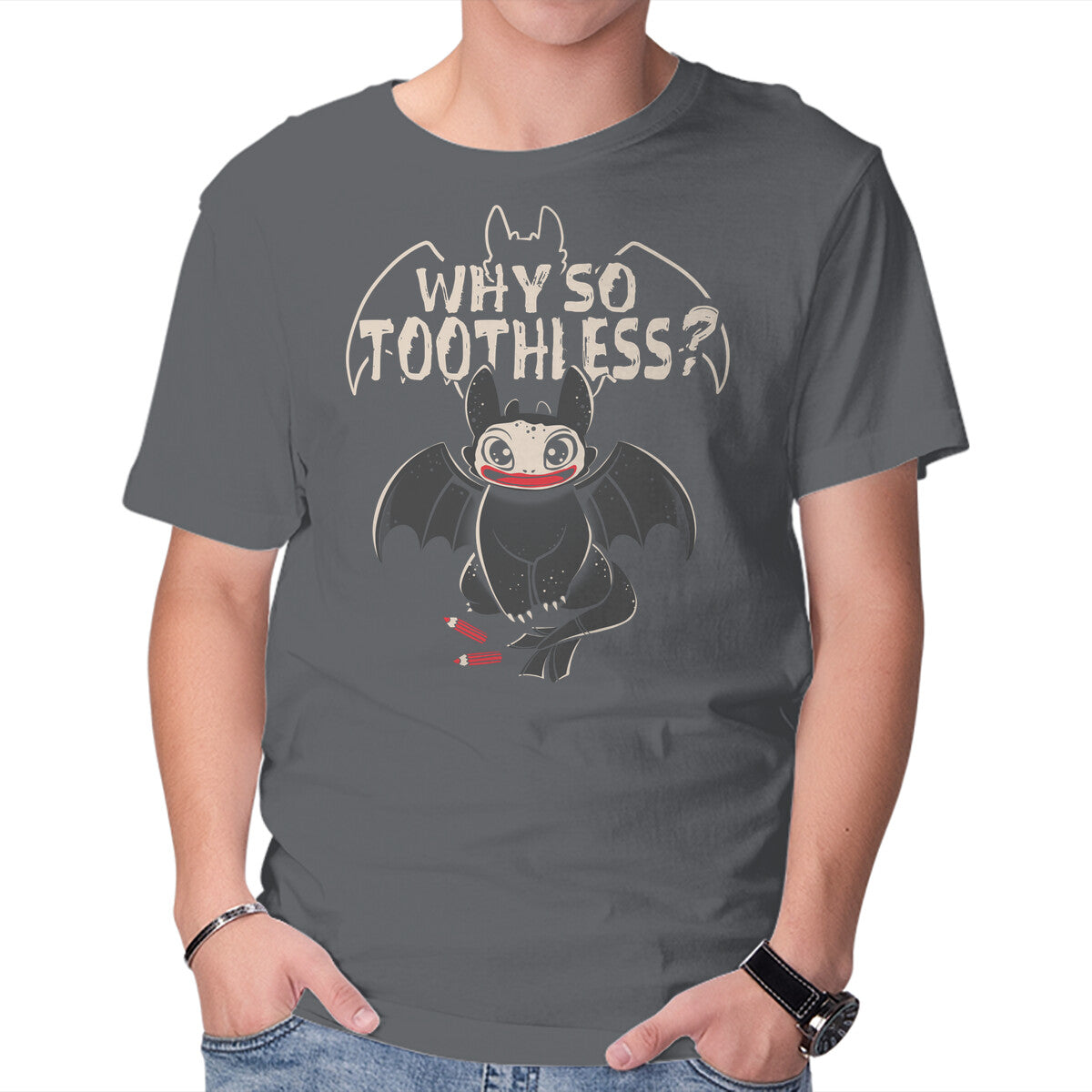 Why So Toothless – Fantasy Graphic T-Shirt in charcoal, product display