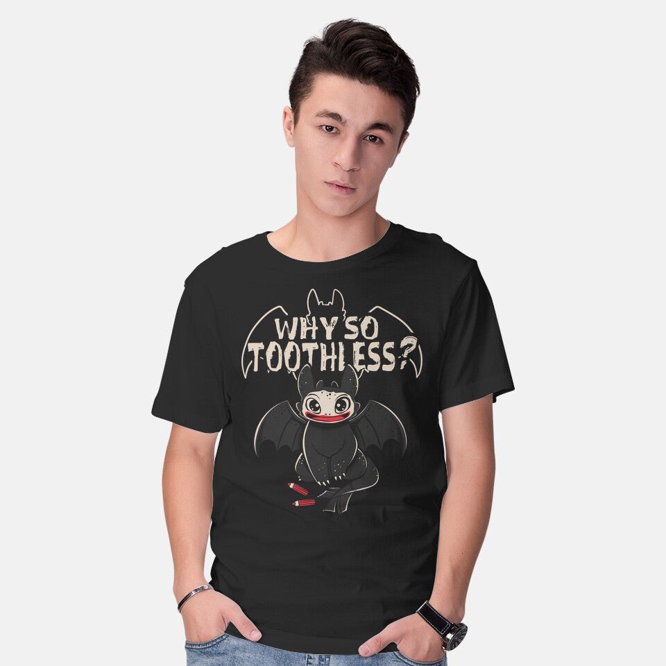 Model wearing black Why So Toothless – Fantasy Graphic T-Shirt