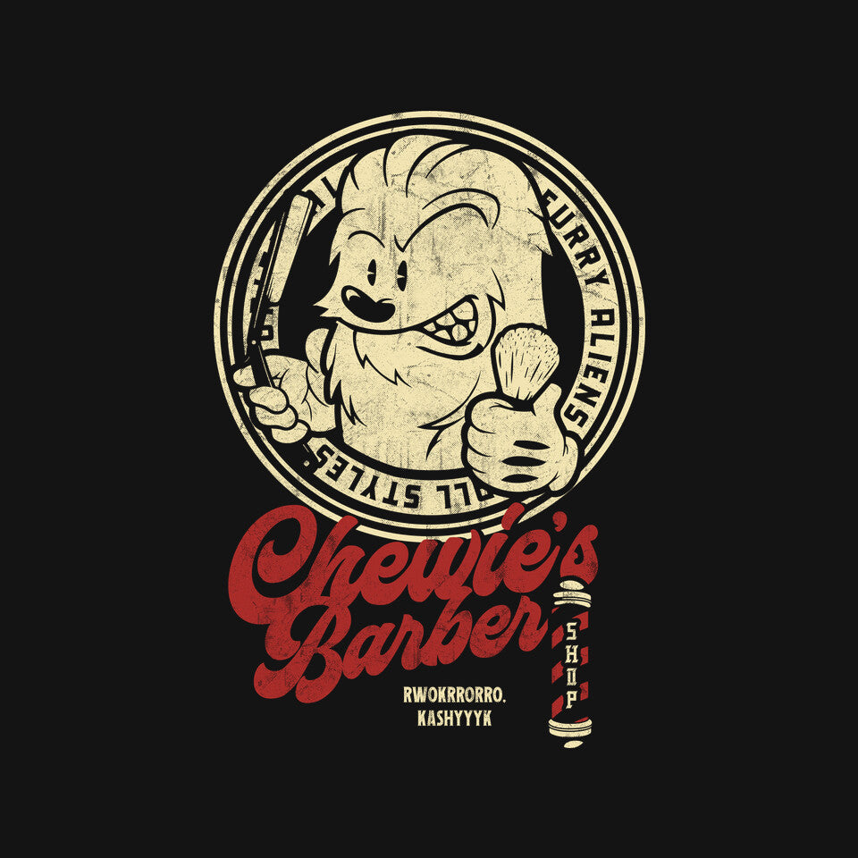 Chewie's Barber Shop – Sci-Fi Graphic T-Shirt design artwork for black graphic T-shirt