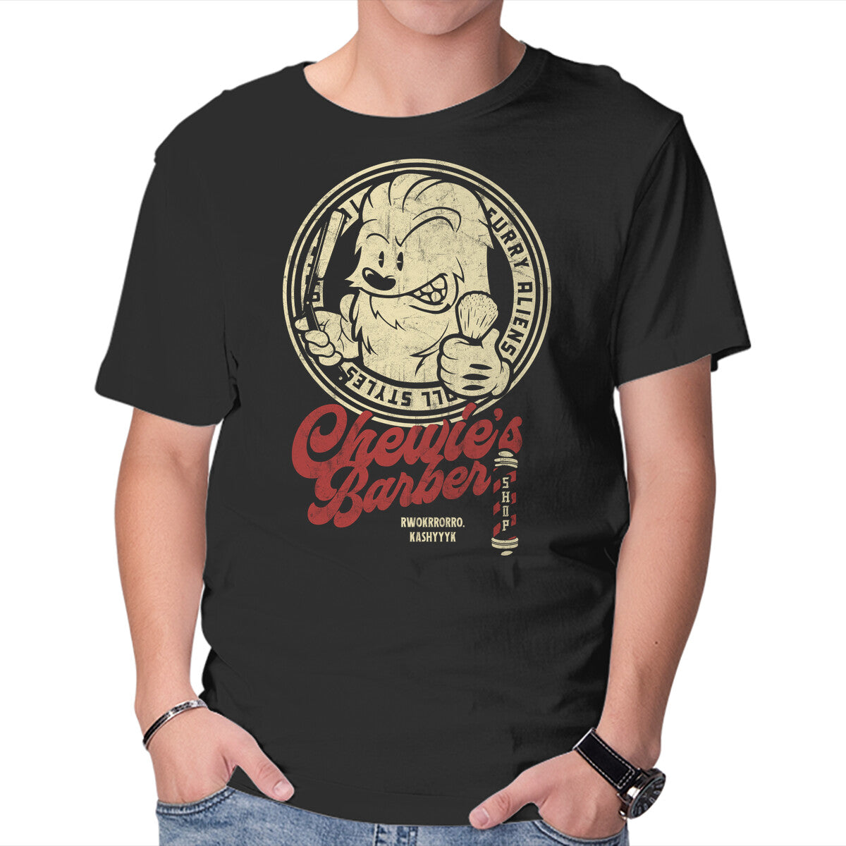 Chewie's Barber Shop – Sci-Fi Graphic T-Shirt in black, product display