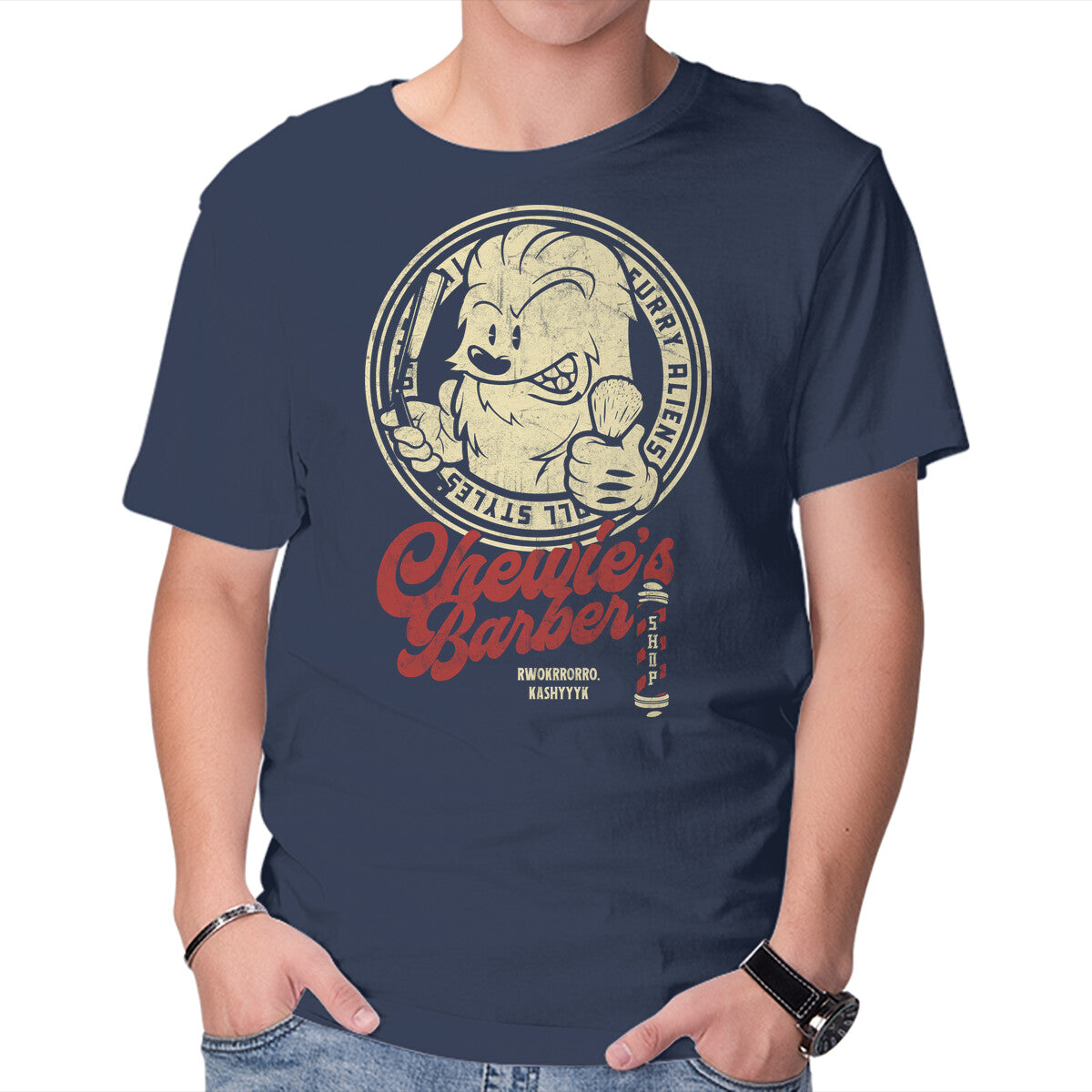 Chewie's Barber Shop – Sci-Fi Graphic T-Shirt in navy, product display