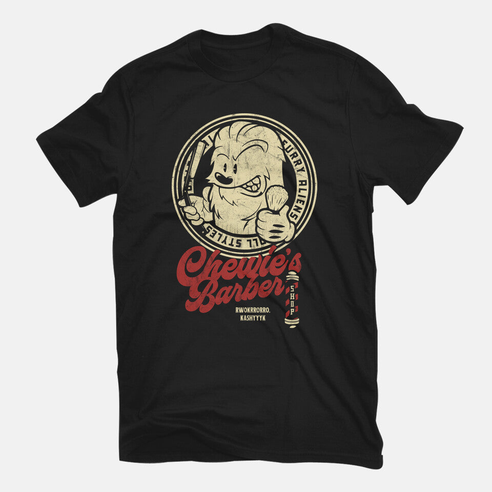 Chewie's Barber Shop – Sci-Fi Graphic T-Shirt in black, flat-lay product view