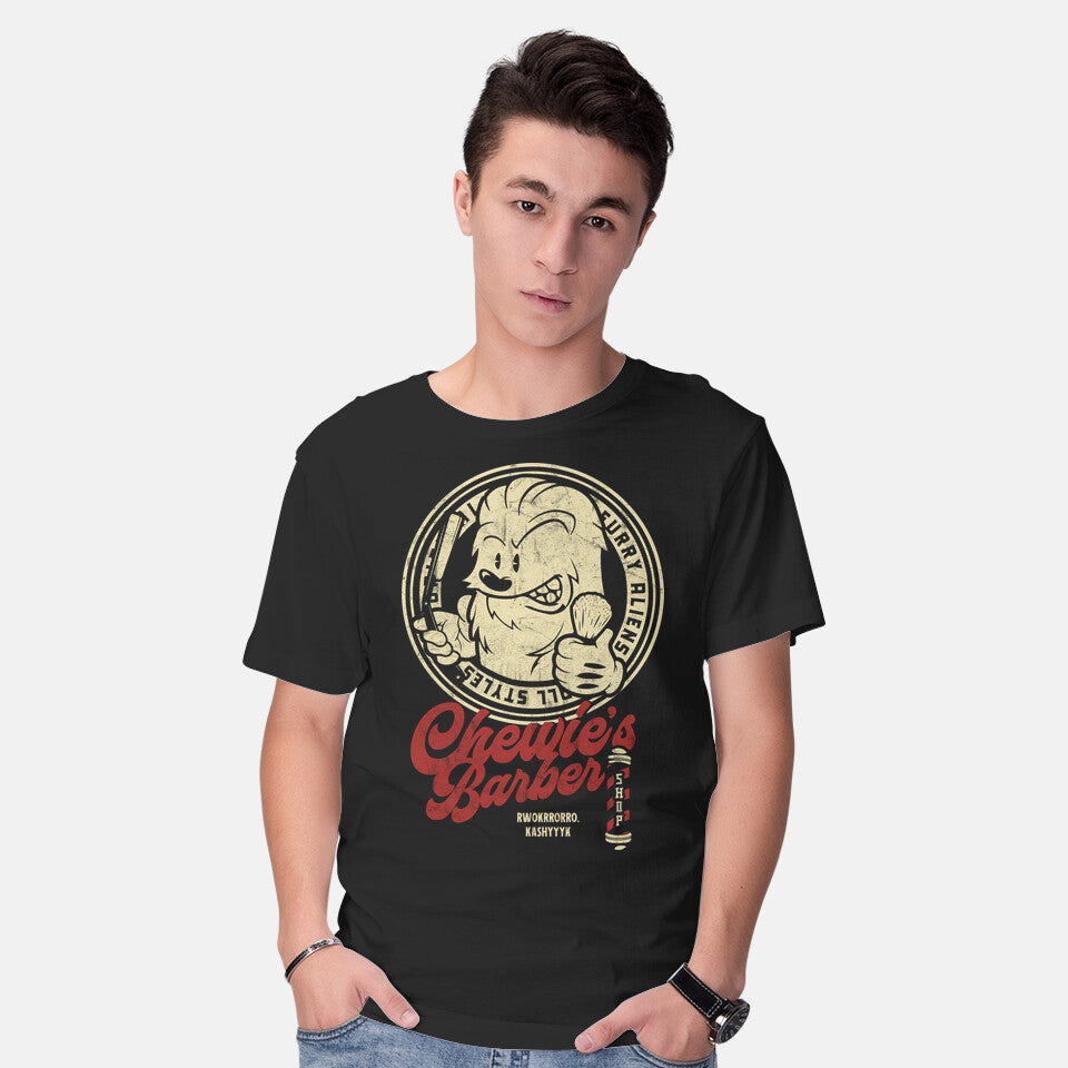 Model wearing black Chewie's Barber Shop – Sci-Fi Graphic T-Shirt