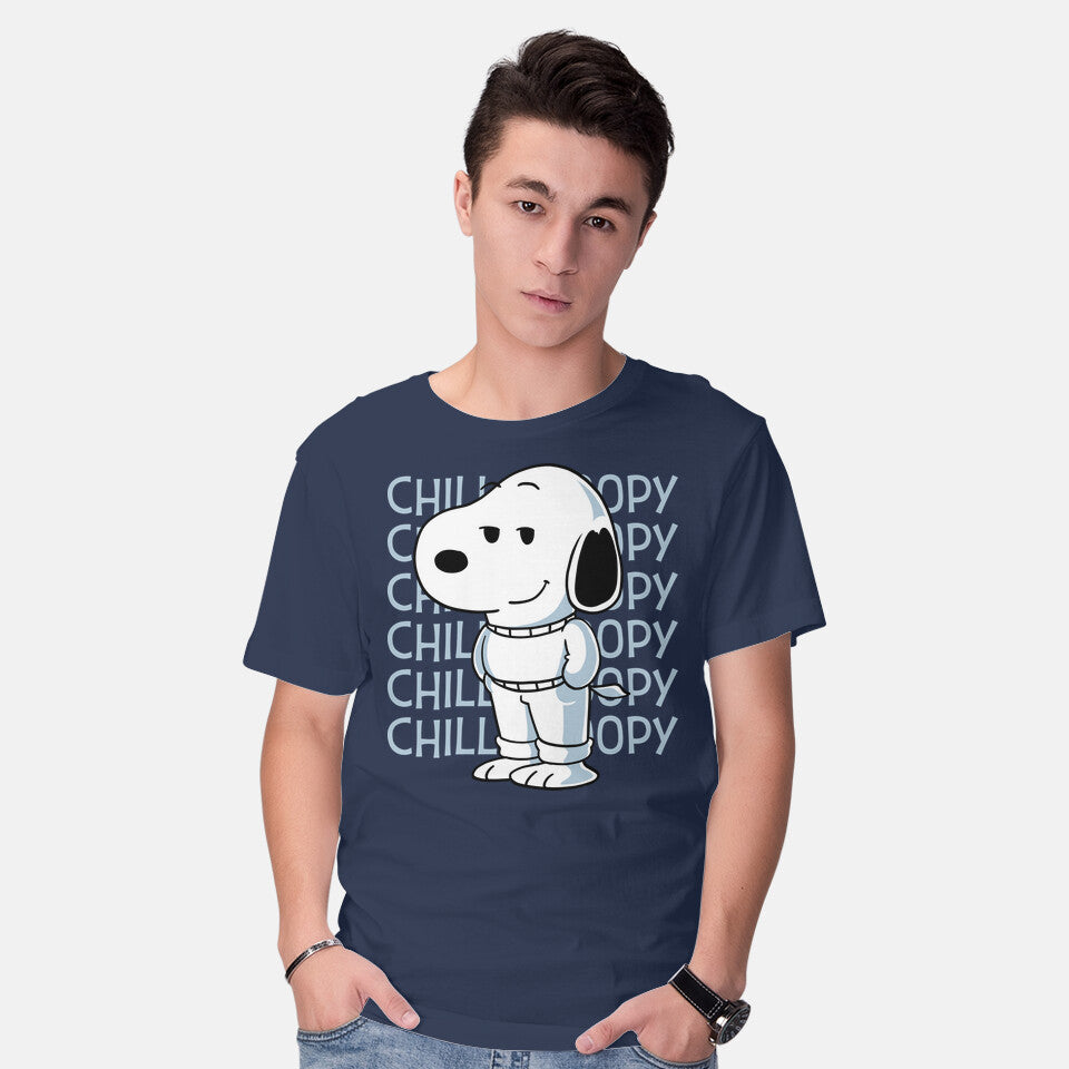 Model wearing navy Chill Beagle – Funny Graphic T-Shirt