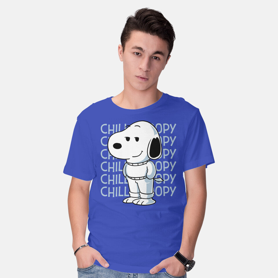 Model wearing royal blue Chill Beagle – Funny Graphic T-Shirt