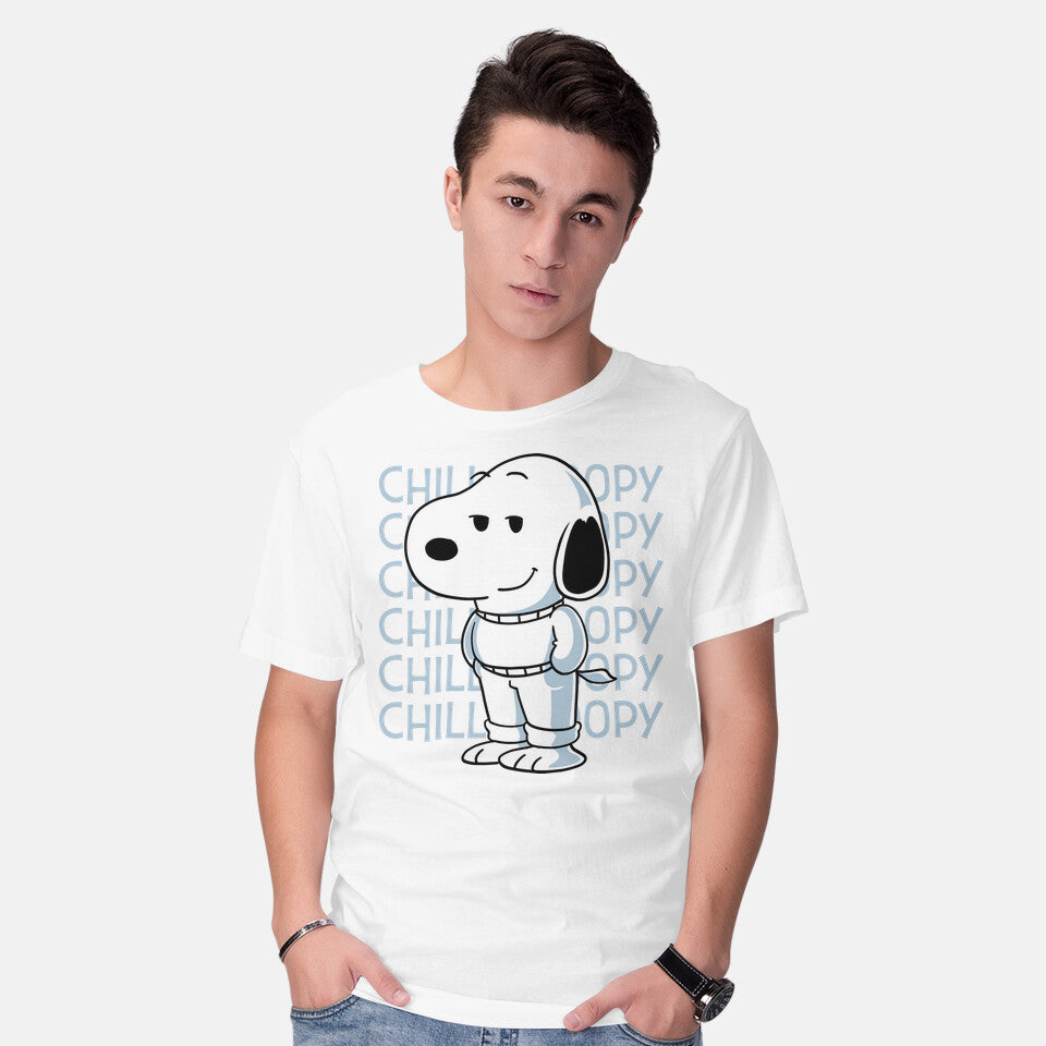 Model wearing white Chill Beagle – Funny Graphic T-Shirt