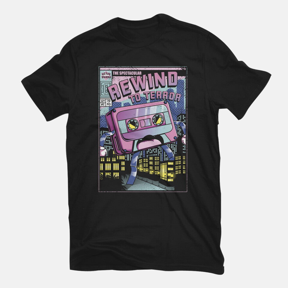 Rewind To Terror – Music Graphic T-Shirt in black, flat-lay product view