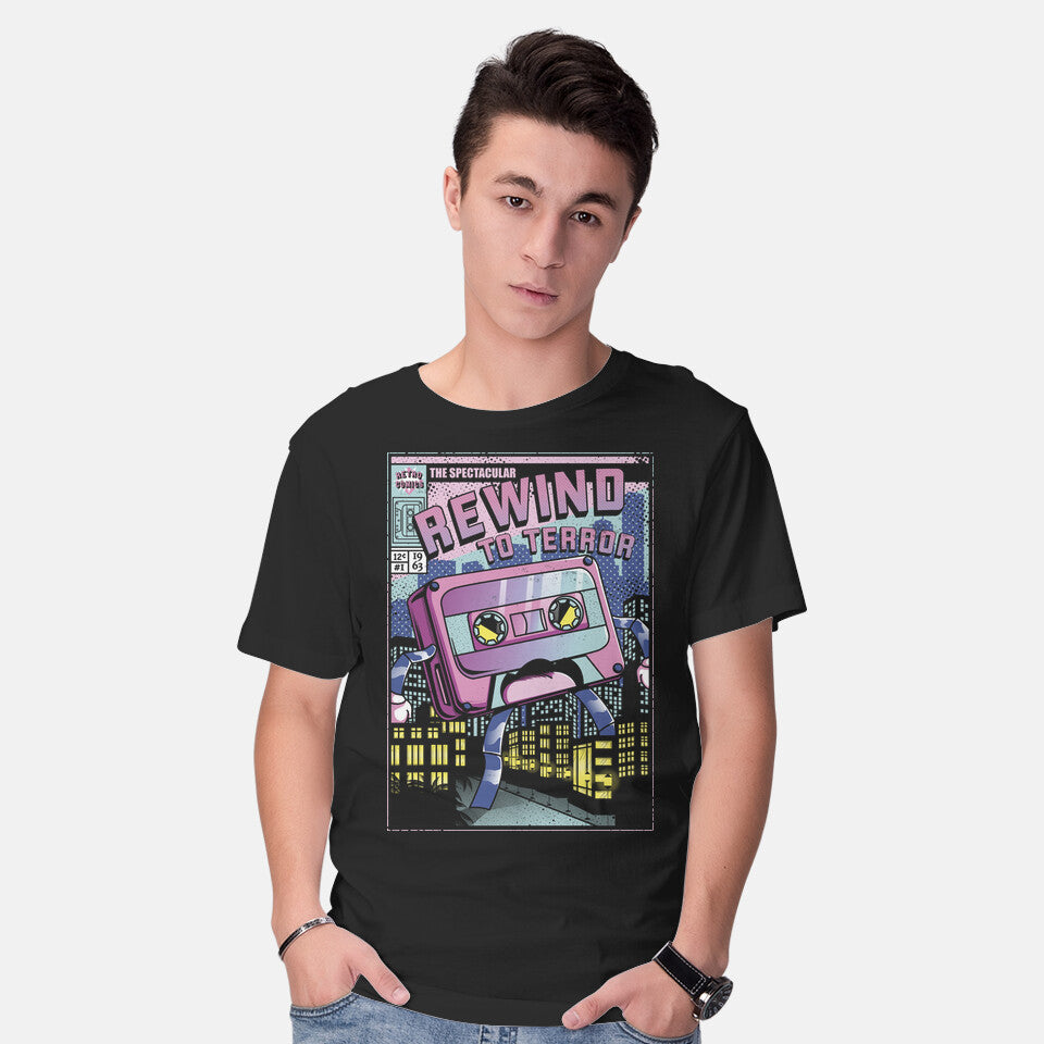 Model wearing black Rewind To Terror – Music Graphic T-Shirt