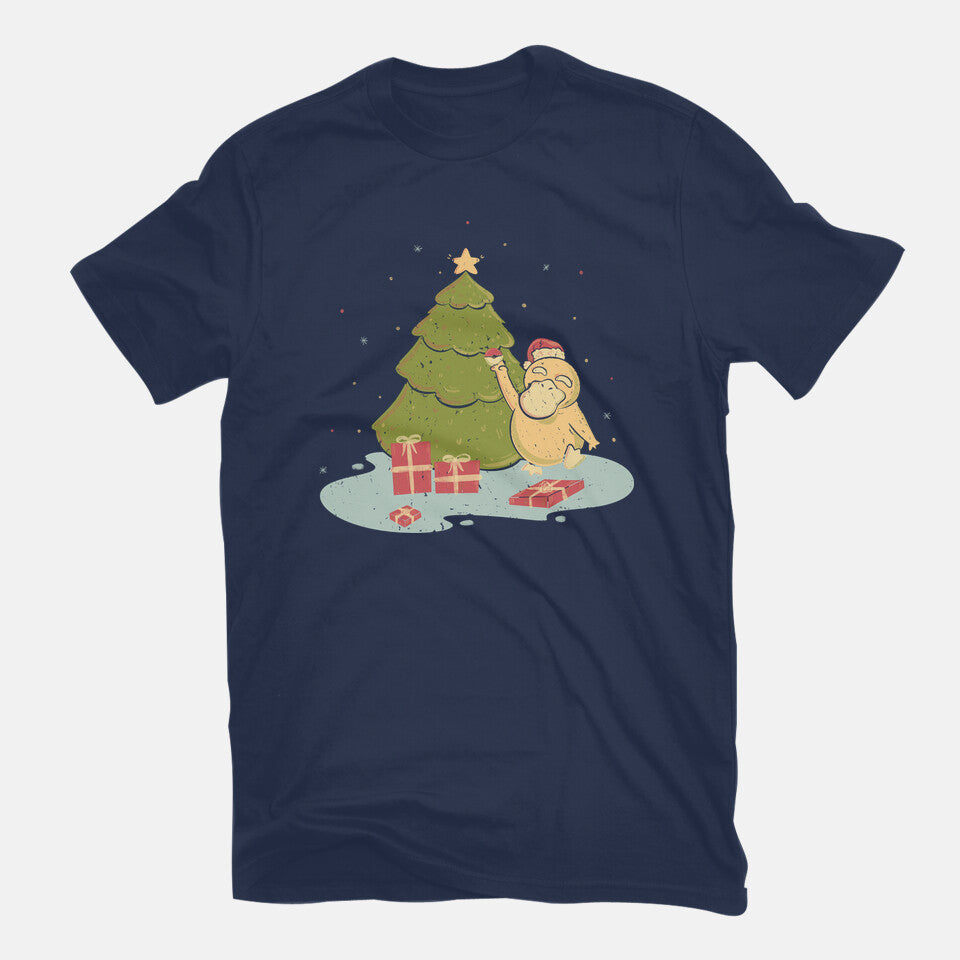 Xmas Tree – Anime Graphic T-Shirt in navy, flat-lay product view