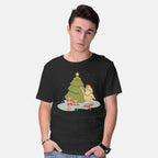 Model wearing black Xmas Tree – Anime Graphic T-Shirt