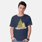 Model wearing navy Xmas Tree – Anime Graphic T-Shirt
