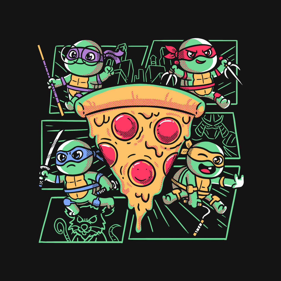 Turtle Mini Ninjas Together Graphic T-Shirt design artwork for black graphic T-shirt