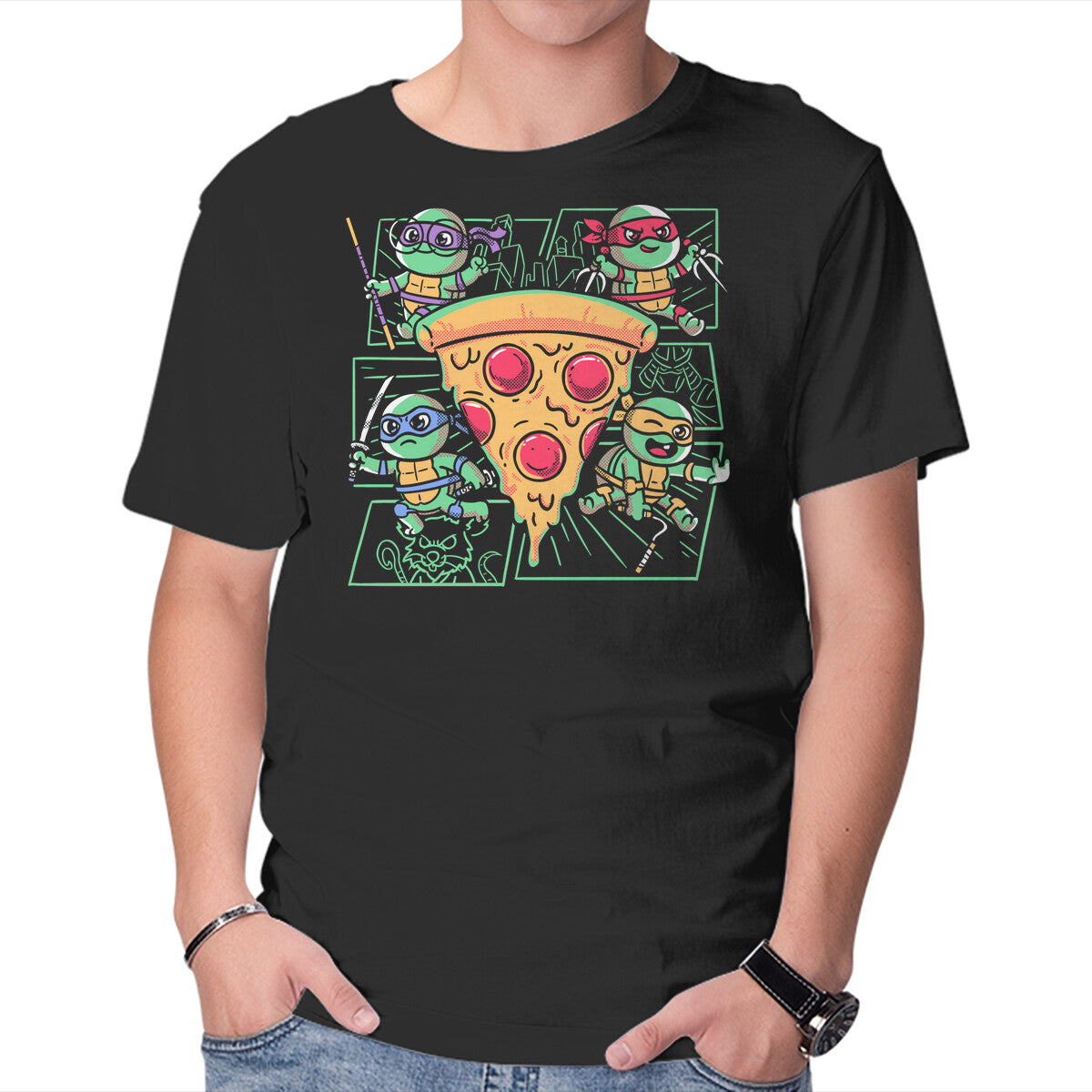 Turtle Mini Ninjas Together Graphic T-Shirt in black, product display