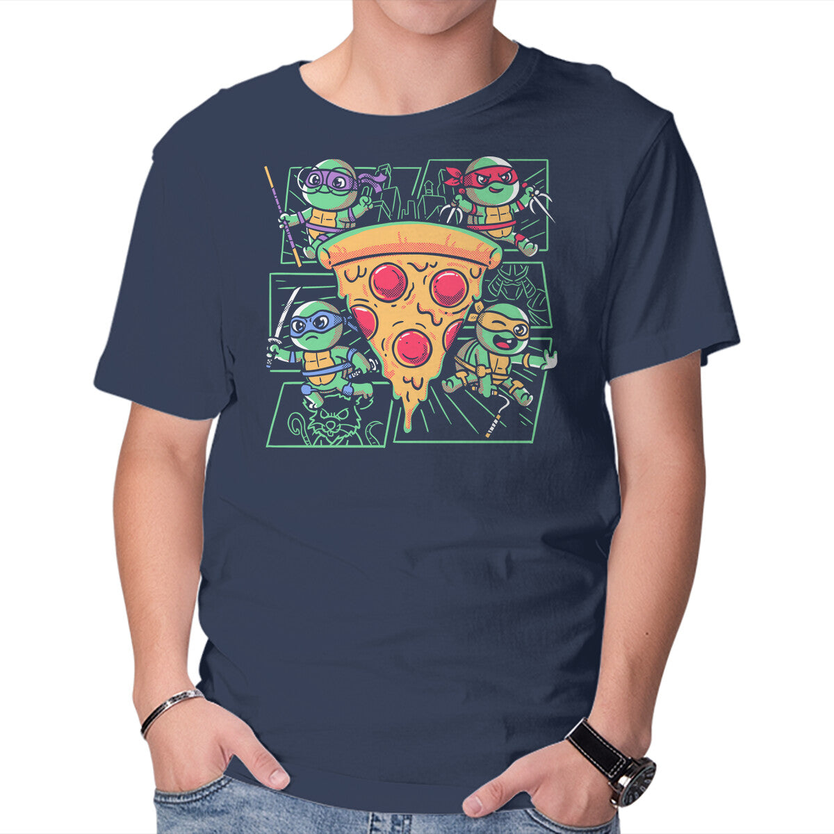 Turtle Mini Ninjas Together Graphic T-Shirt in navy, product display
