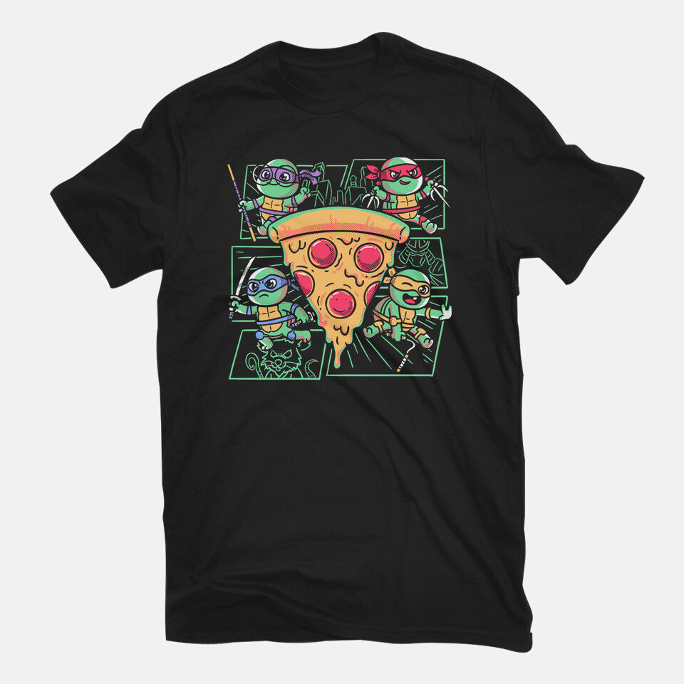 Turtle Mini Ninjas Together Graphic T-Shirt in black, flat-lay product view