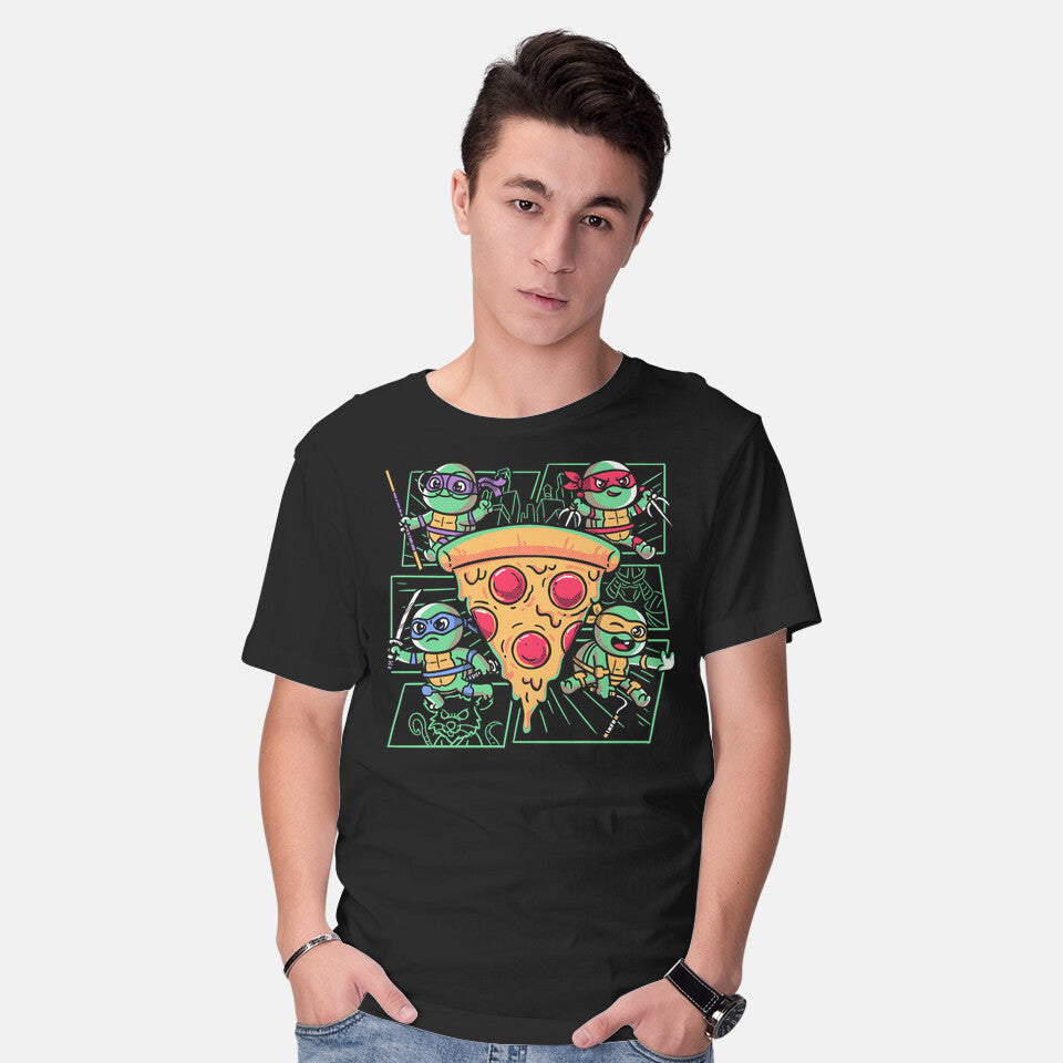 Model wearing black Turtle Mini Ninjas Together Graphic T-Shirt