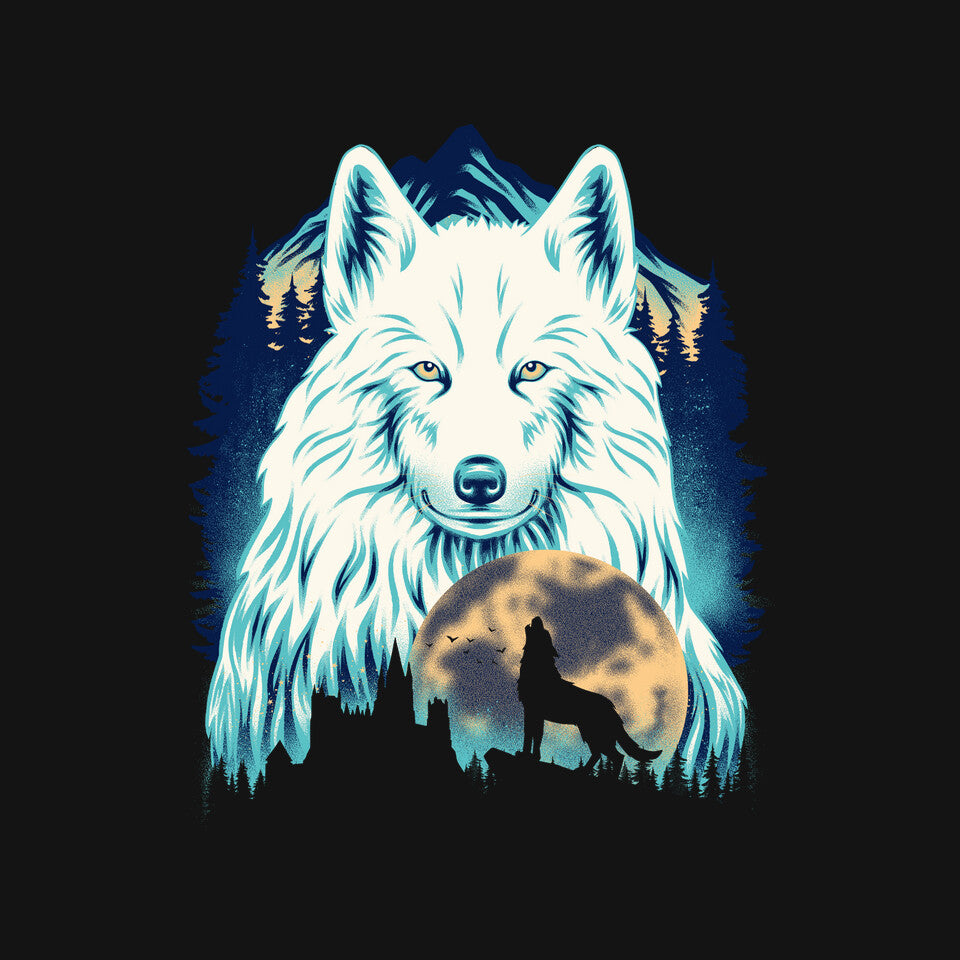 Snow Wolf – Fantasy Graphic T-Shirt design artwork for black graphic T-shirt