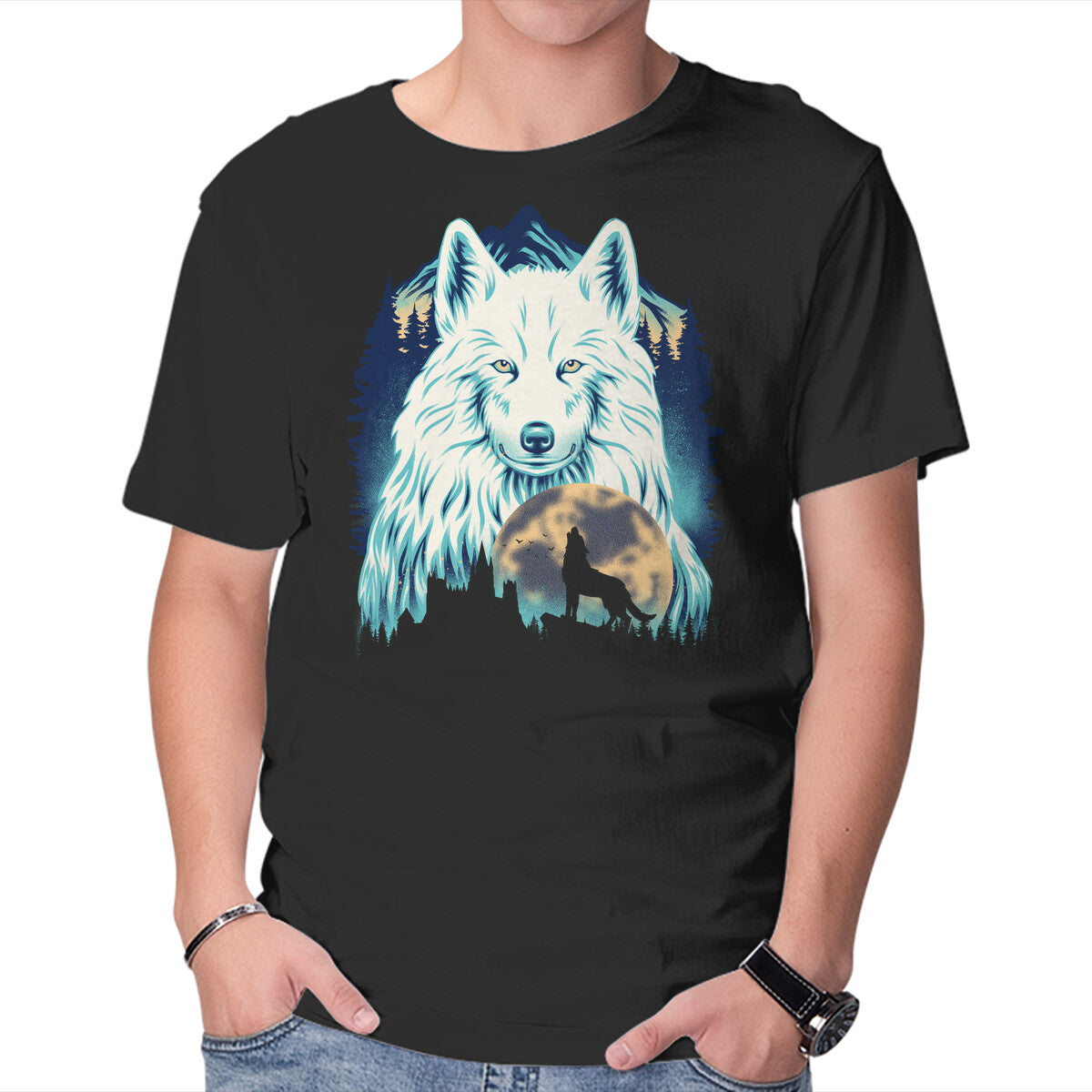 Snow Wolf – Fantasy Graphic T-Shirt in black, product display