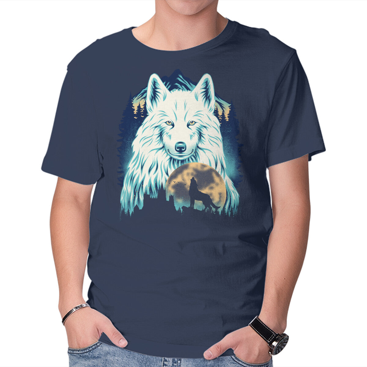 Snow Wolf – Fantasy Graphic T-Shirt in navy, product display
