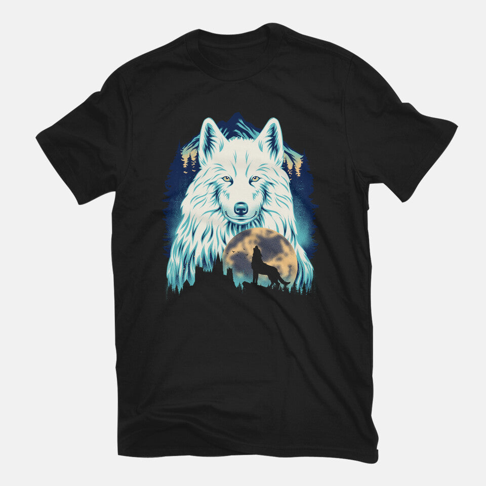 Snow Wolf – Fantasy Graphic T-Shirt in black, flat-lay product view