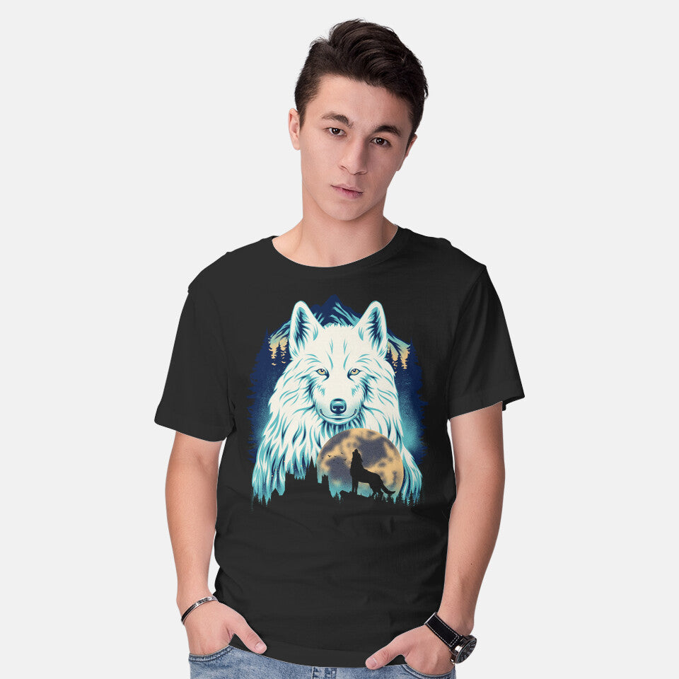 Model wearing black Snow Wolf – Fantasy Graphic T-Shirt