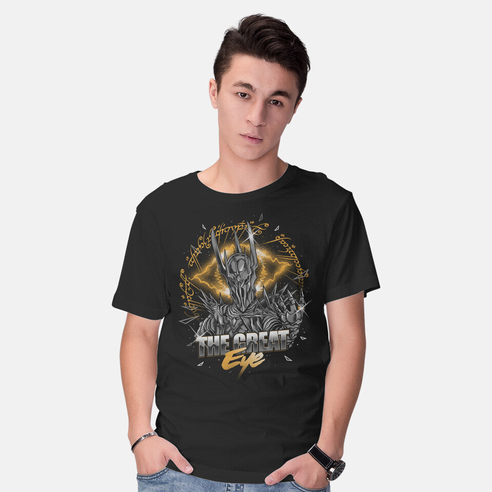 Model wearing black The Great Eye Sauron – Fantasy Graphic T-Shirt