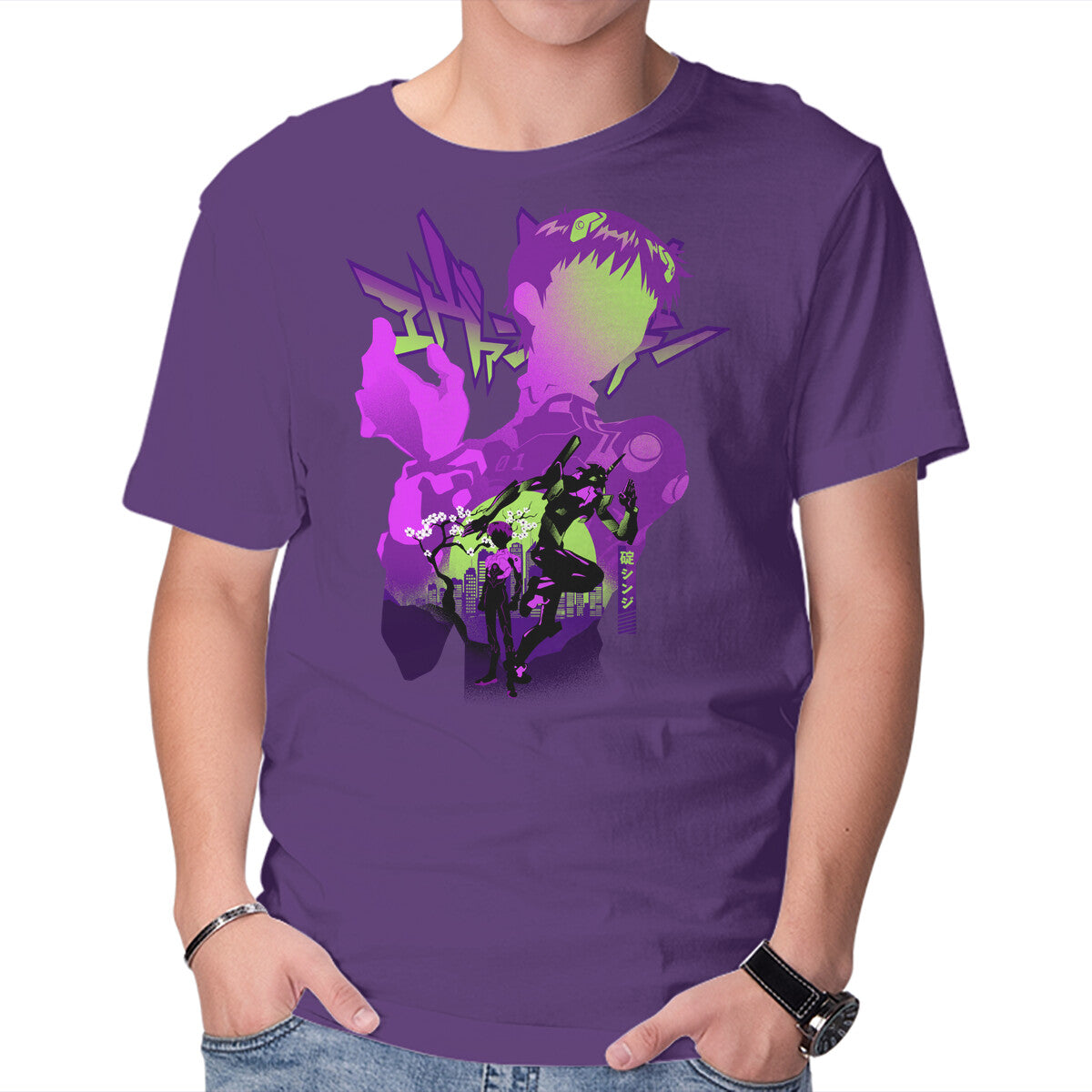 Shinji Silhouette – Anime Graphic T-Shirt in purple, product display