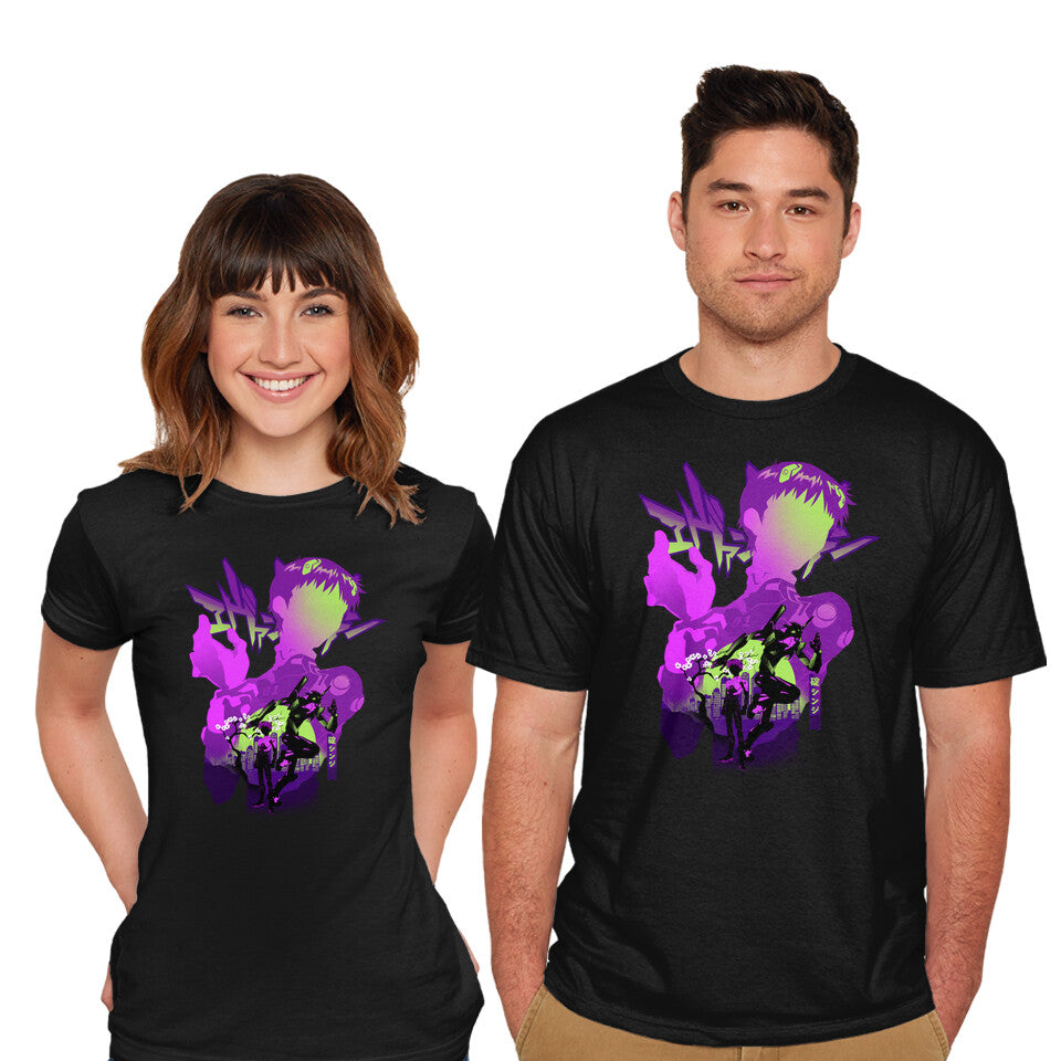 Model wearing black Shinji Silhouette – Anime Graphic T-Shirt