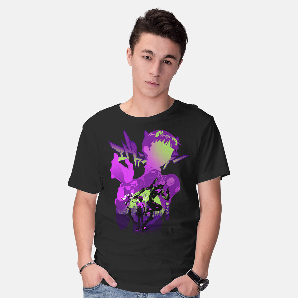 Model wearing black Shinji Silhouette – Anime Graphic T-Shirt