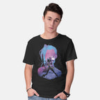 Model wearing black Soul Of The SuperRocket – Anime Graphic T-Shirt