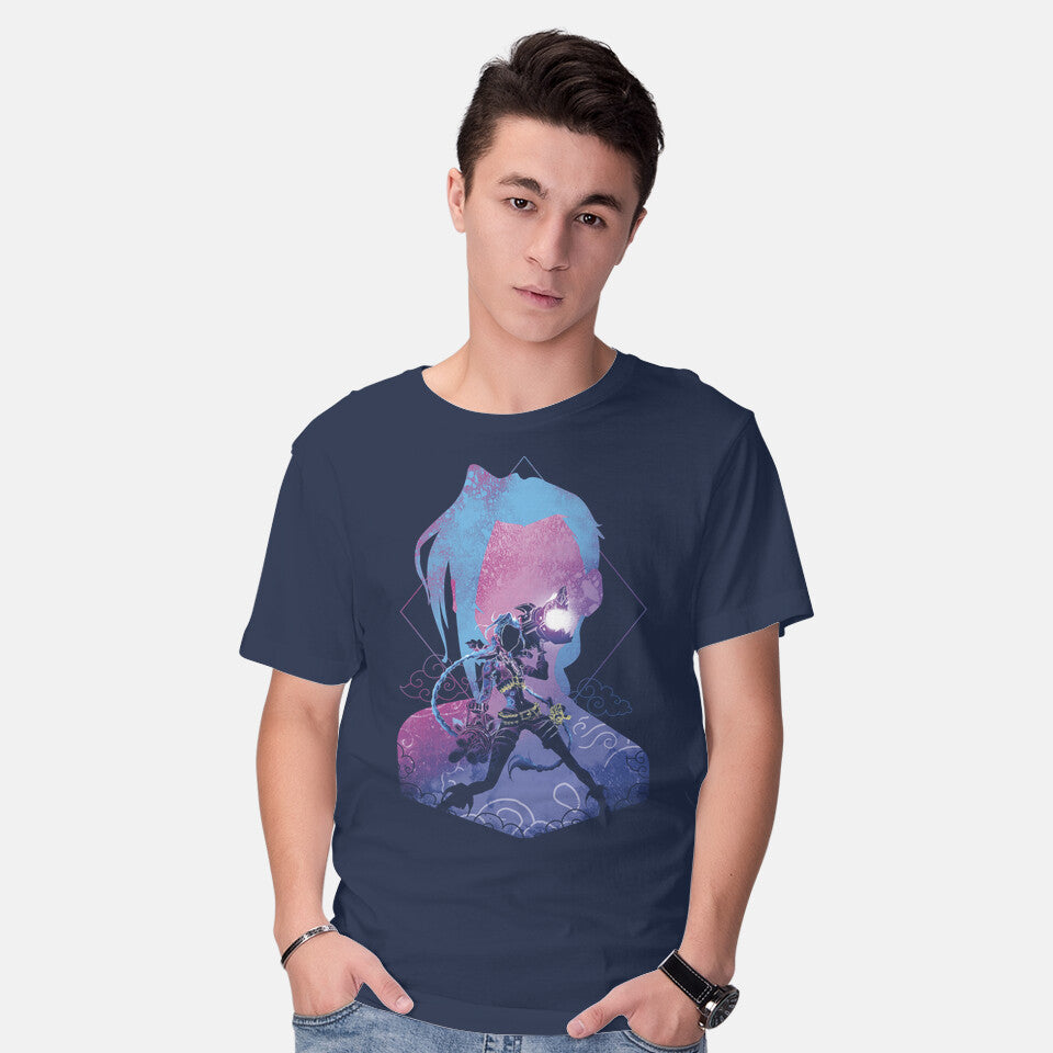Model wearing navy Soul Of The SuperRocket – Anime Graphic T-Shirt
