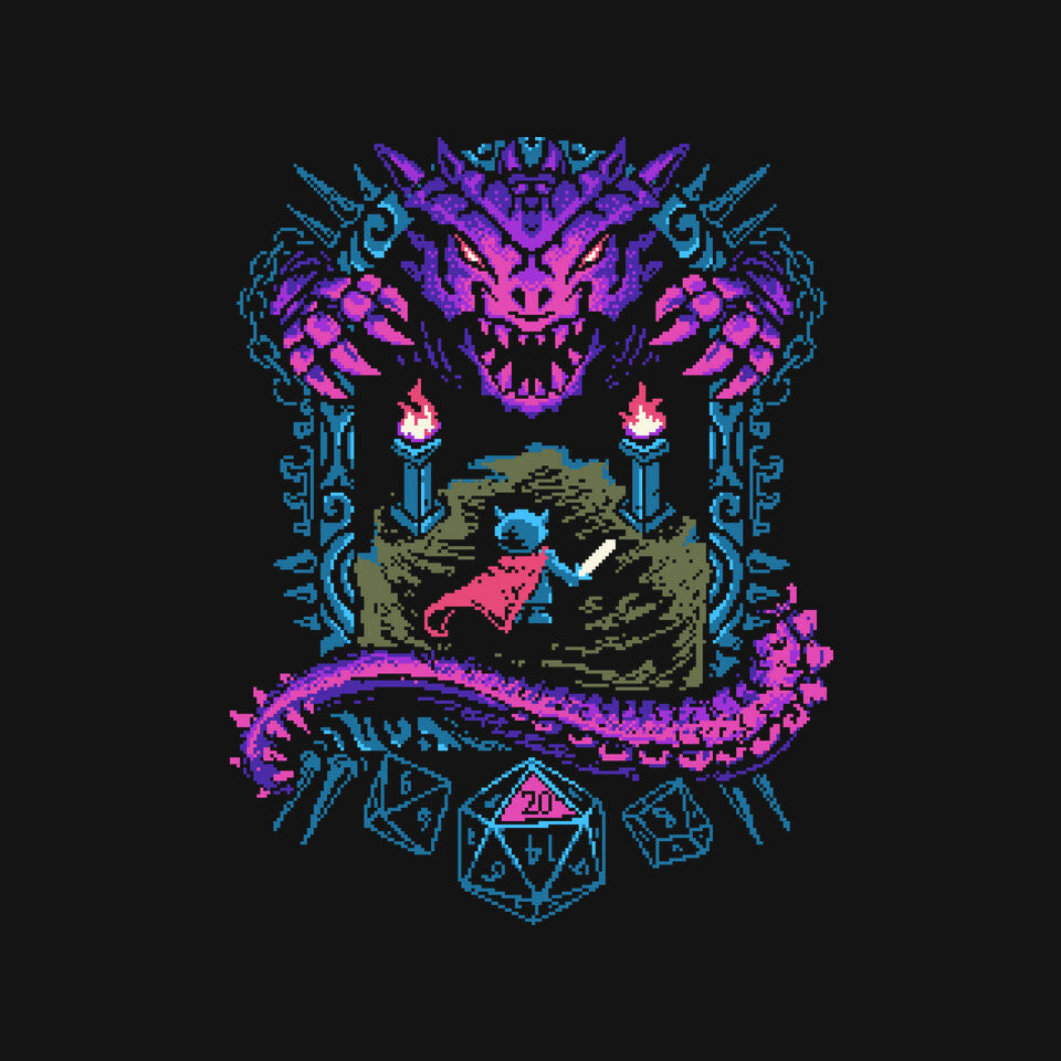 The Warrior And Dragon – Gaming Graphic T-Shirt design artwork for black graphic T-shirt
