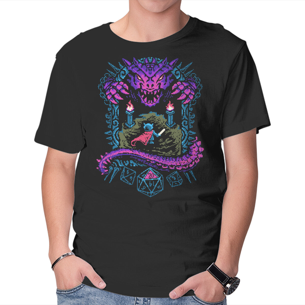 The Warrior And Dragon – Gaming Graphic T-Shirt in black, product display