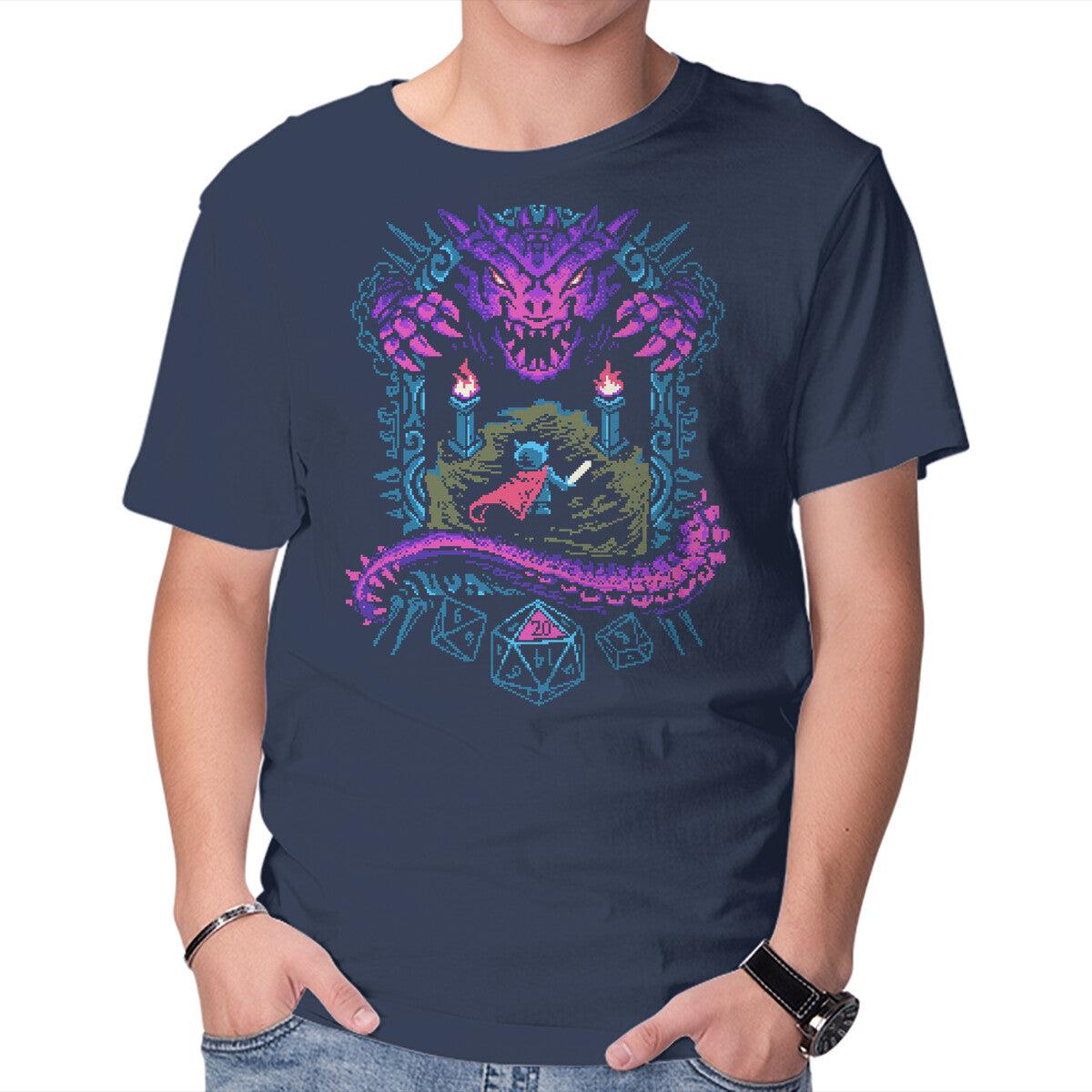 The Warrior And Dragon – Gaming Graphic T-Shirt in navy, product display