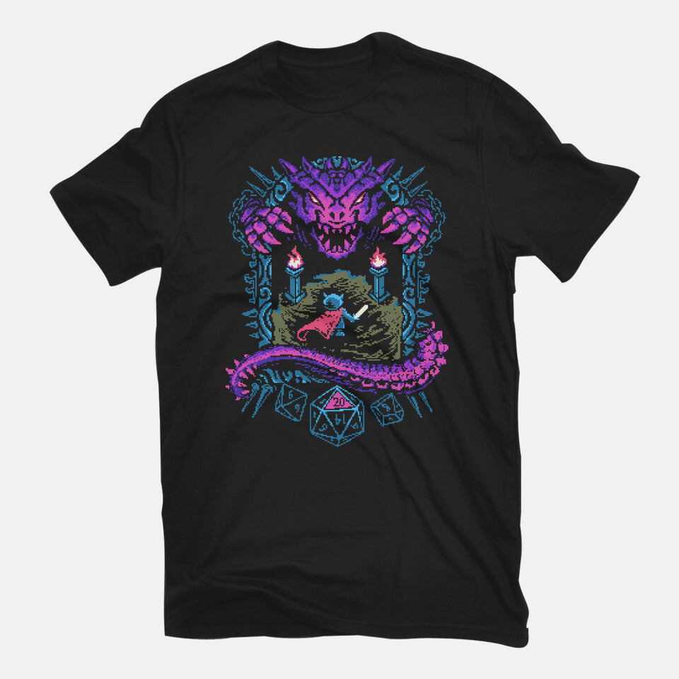 The Warrior And Dragon – Gaming Graphic T-Shirt in black, flat-lay product view