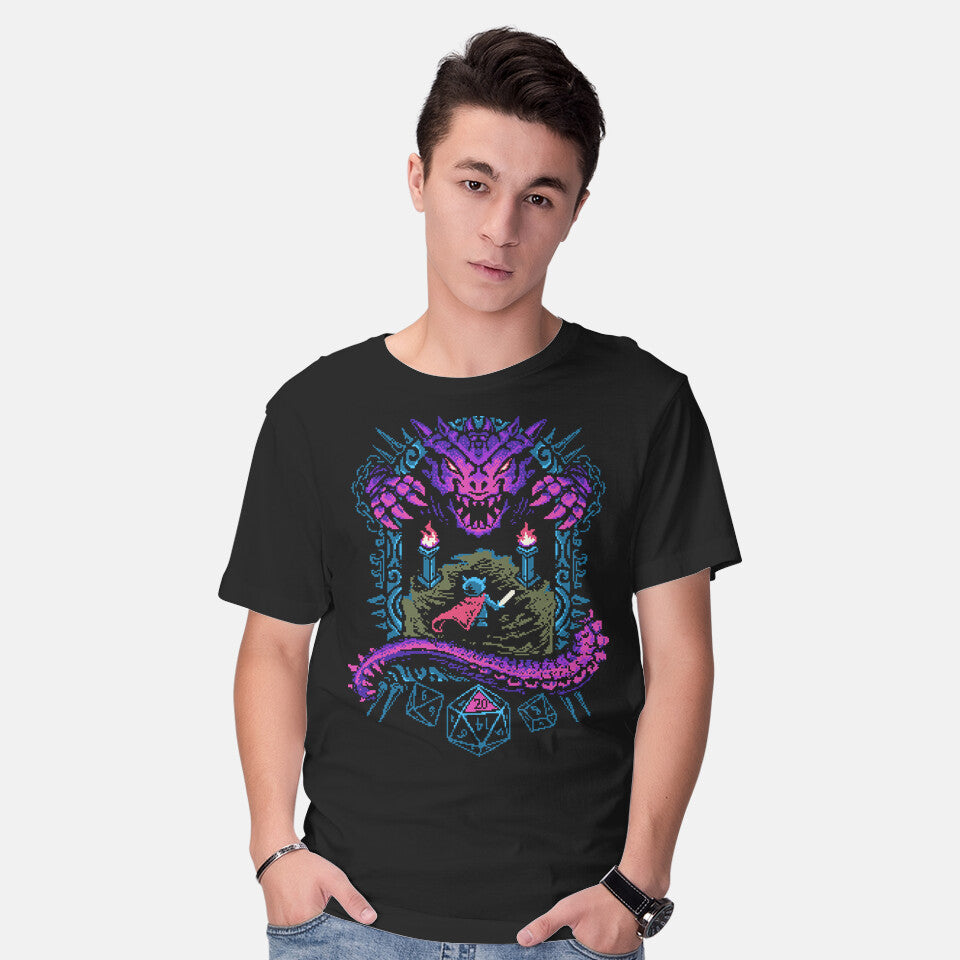 Model wearing black The Warrior And Dragon – Gaming Graphic T-Shirt
