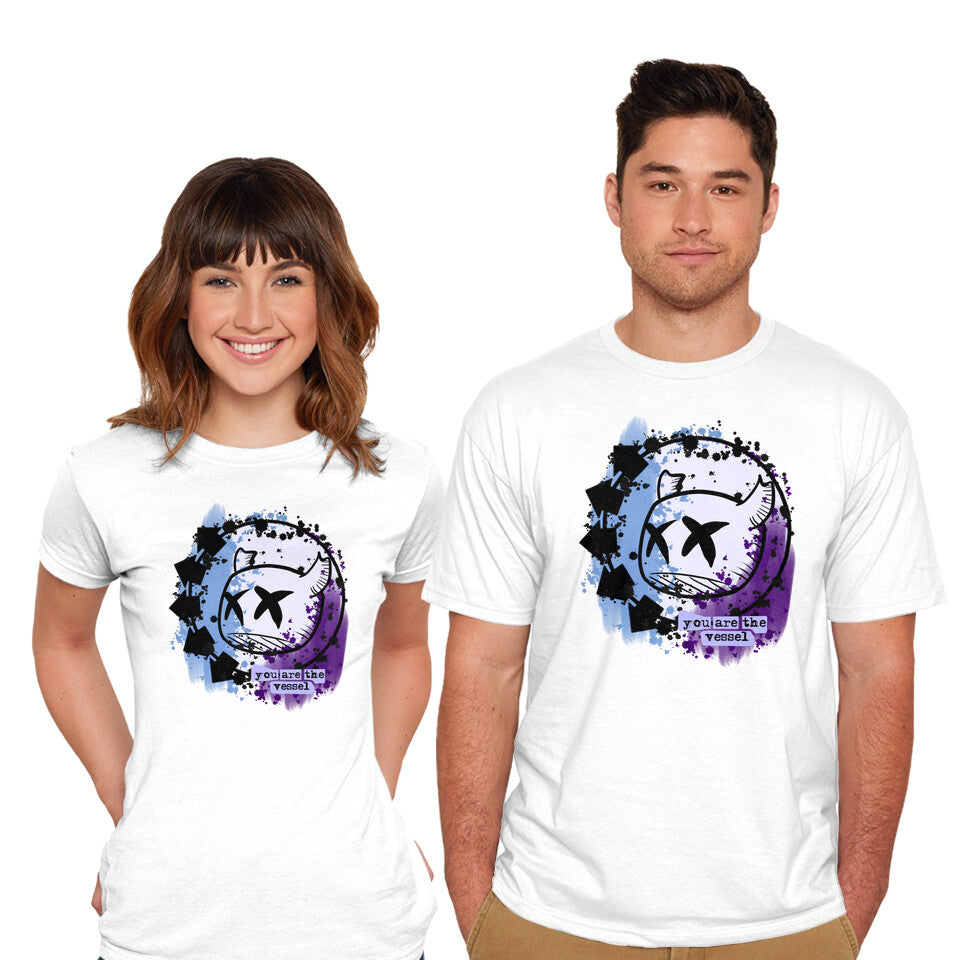 Model wearing white You Are The Vessel – Gaming Graphic T-Shirt